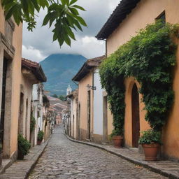 A detailed leaf elegantly frames a picturesque view of Antigua Guatemala, with its timeless cobblestone streets and grand colonial architecture