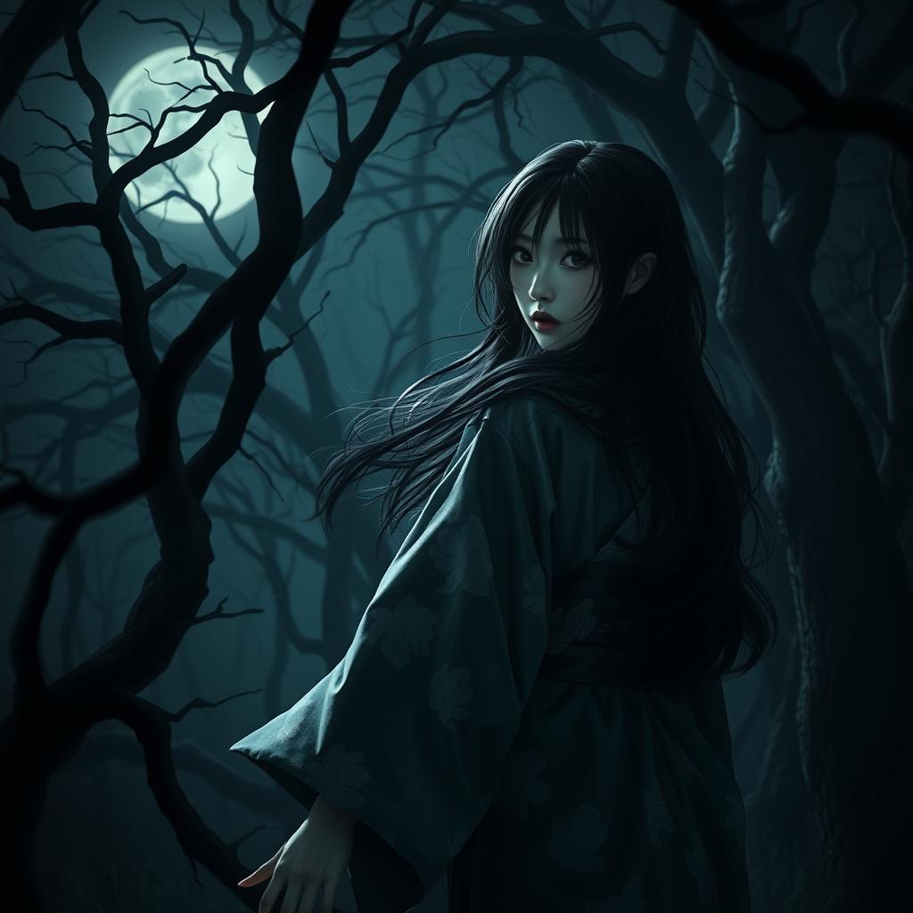 A stunning and hyper-realistic image of a beautiful Japanese woman lost in a dark, foreboding forest, seemingly pursued by ominous shadows