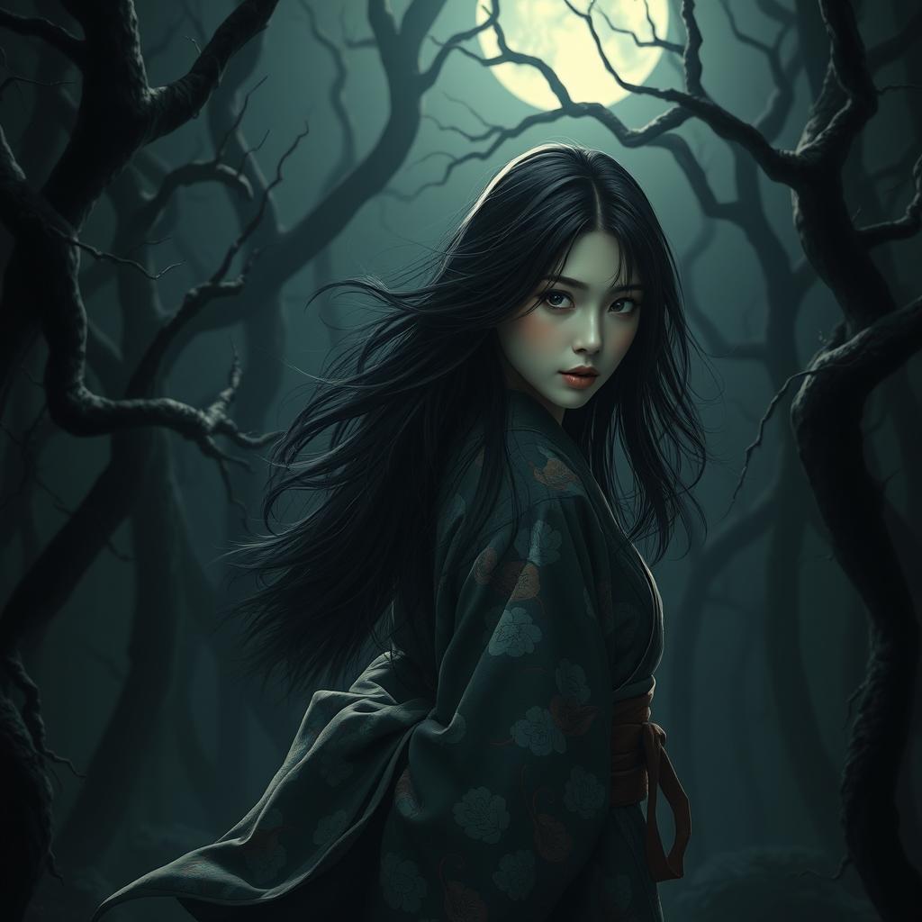 A stunning and hyper-realistic image of a beautiful Japanese woman lost in a dark, foreboding forest, seemingly pursued by ominous shadows