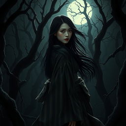 A stunning and hyper-realistic image of a beautiful Japanese woman lost in a dark, foreboding forest, seemingly pursued by ominous shadows