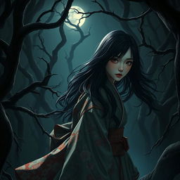 A stunning and hyper-realistic image of a beautiful Japanese woman lost in a dark, foreboding forest, seemingly pursued by ominous shadows