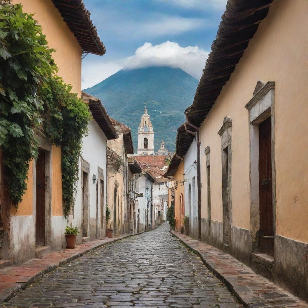 A detailed leaf elegantly frames a picturesque view of Antigua Guatemala, with its timeless cobblestone streets and grand colonial architecture