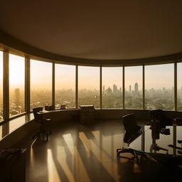 In broad daylight, the penthouse office of the SWAT Commander, characterized by its sweeping glass walls providing a panoramic view of the bustling city.