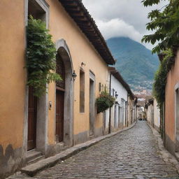 A detailed leaf elegantly frames a picturesque view of Antigua Guatemala, with its timeless cobblestone streets and grand colonial architecture