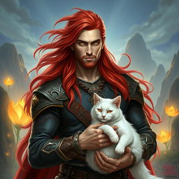 A handsome and powerful man with long, flowing red hair and striking yellow eyes, exuding an aura of strength and confidence