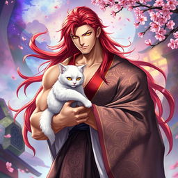 A handsome and powerful man with long flowing red hair and striking yellow eyes dressed in an elegant, intricate kimono