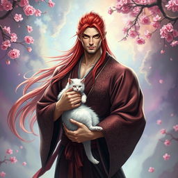 A handsome and powerful man with long flowing red hair and striking yellow eyes dressed in an elegant, intricate kimono