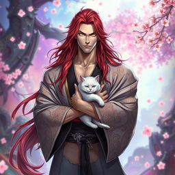 A handsome and powerful man with long flowing red hair and striking yellow eyes dressed in an elegant, intricate kimono