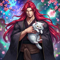 A handsome and powerful man with long flowing red hair and striking yellow eyes dressed in an elegant, intricate kimono