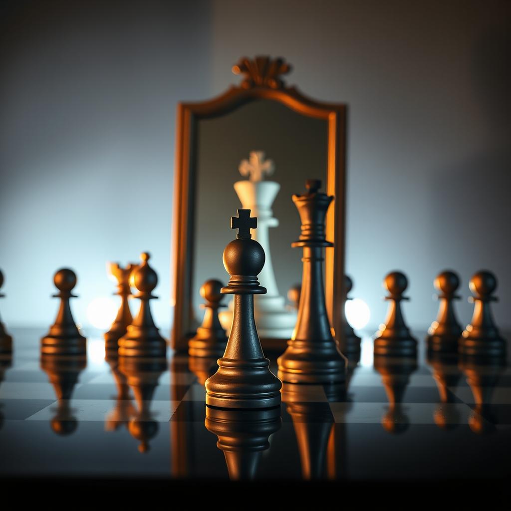 A striking and symbolic image of a chessboard with a pawn standing in front of a large, reflective mirror