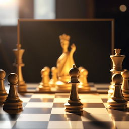 A striking and symbolic image of a chessboard with a pawn standing in front of a large, reflective mirror