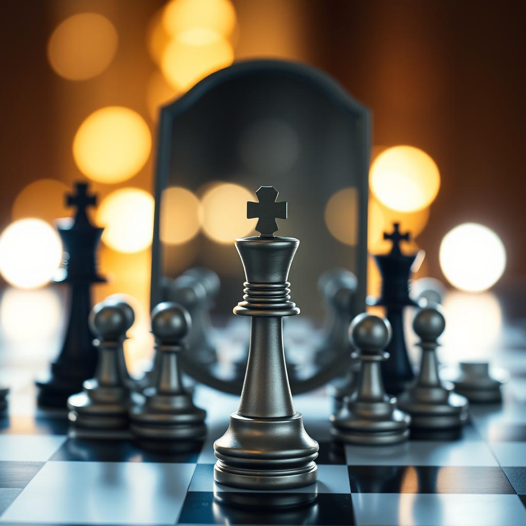 A striking and symbolic image of a chessboard with a pawn standing in front of a large, reflective mirror