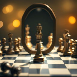 A striking and symbolic image of a chessboard with a pawn standing in front of a large, reflective mirror