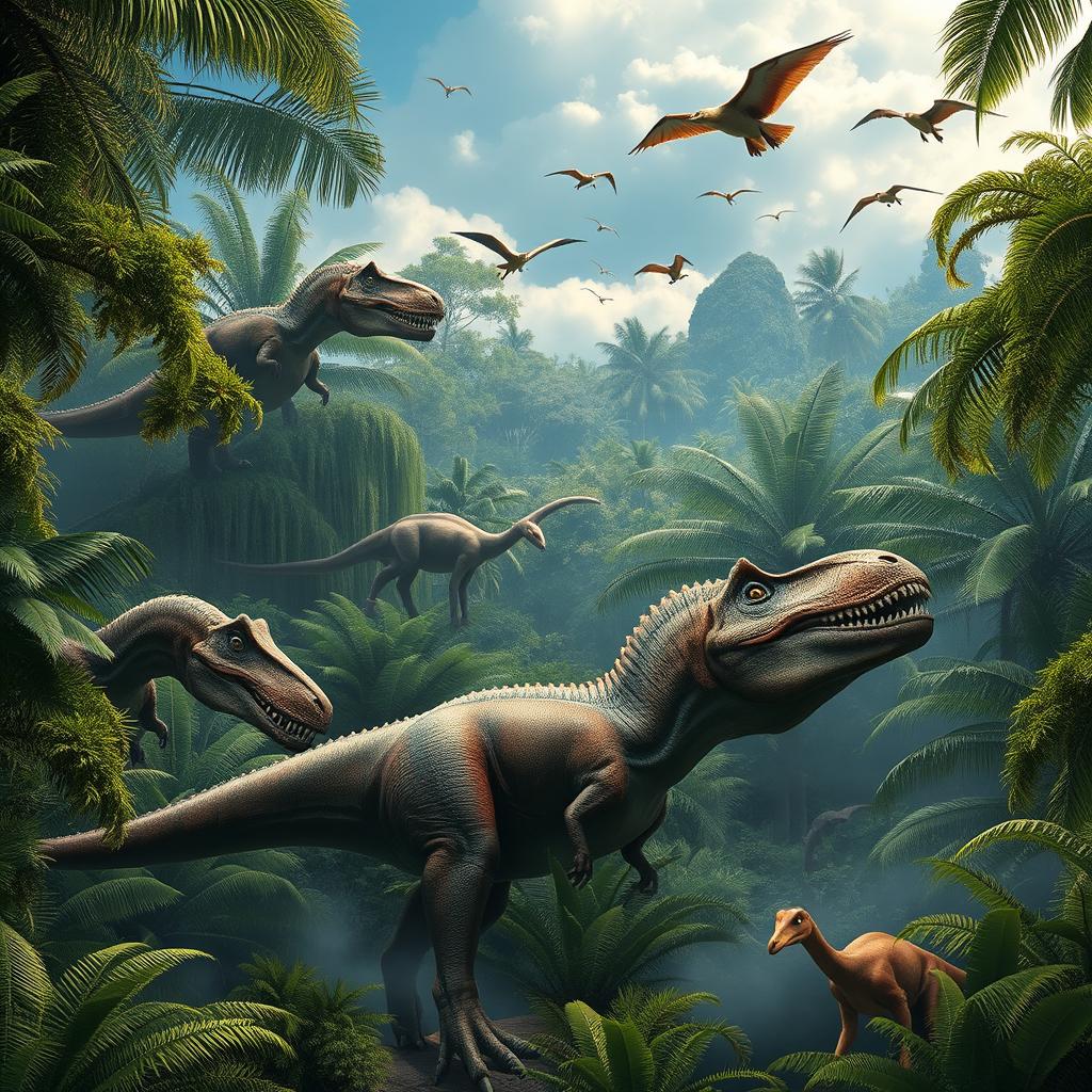 A stunning scene depicting a Jurassic Park-style environment, complete with lush, dense tropical vegetation, towering ferns, and a variety of realistic dinosaurs in their natural habitat