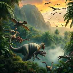 A stunning scene depicting a Jurassic Park-style environment, complete with lush, dense tropical vegetation, towering ferns, and a variety of realistic dinosaurs in their natural habitat