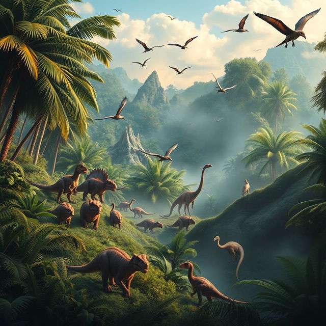 A stunning scene depicting a Jurassic Park-style environment, complete with lush, dense tropical vegetation, towering ferns, and a variety of realistic dinosaurs in their natural habitat