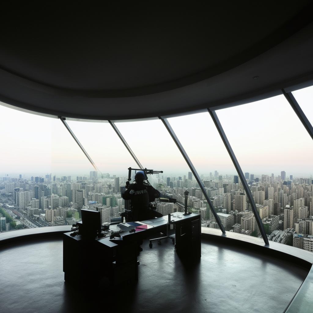 In broad daylight, the penthouse office of the SWAT Commander, characterized by its sweeping glass walls providing a panoramic view of the bustling city.