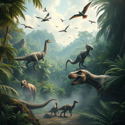 A stunning scene depicting a Jurassic Park-style environment, complete with lush, dense tropical vegetation, towering ferns, and a variety of realistic dinosaurs in their natural habitat