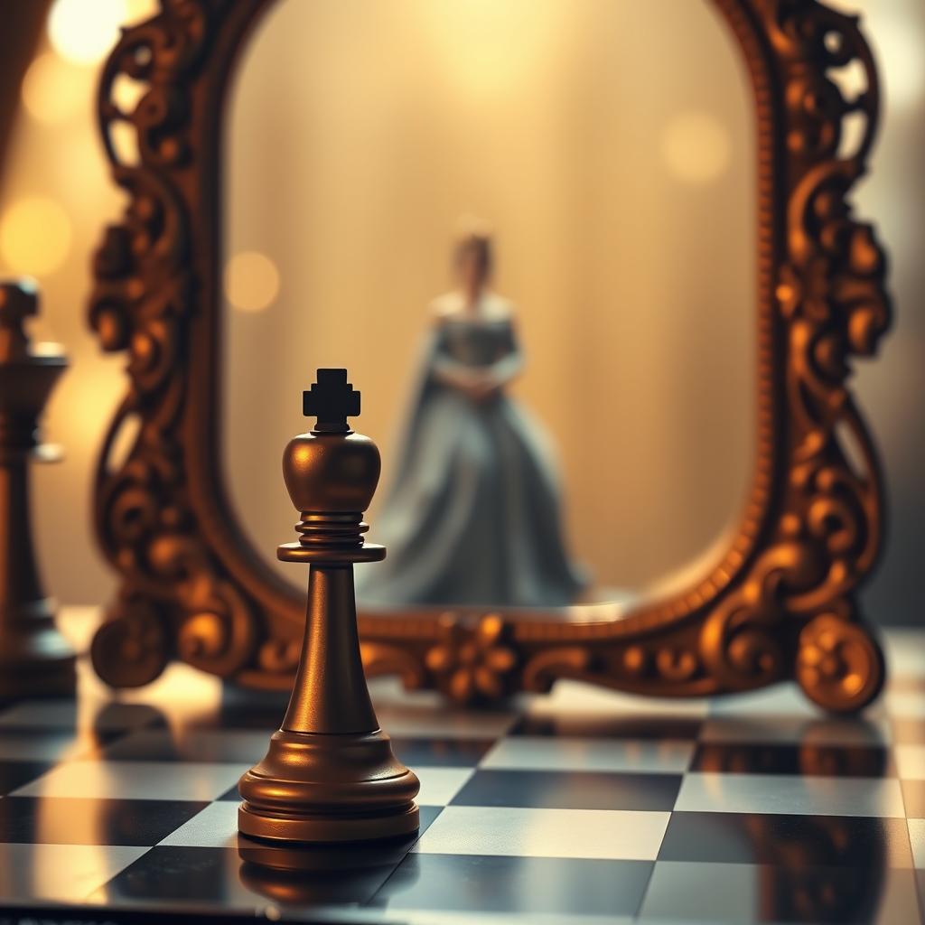 An enchanting image depicting a single pawn standing before a large, ornate mirror