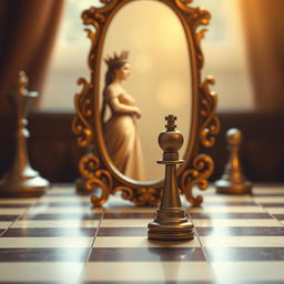 An enchanting image depicting a single pawn standing before a large, ornate mirror