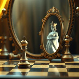 An enchanting image depicting a single pawn standing before a large, ornate mirror