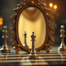 An enchanting image depicting a single pawn standing before a large, ornate mirror