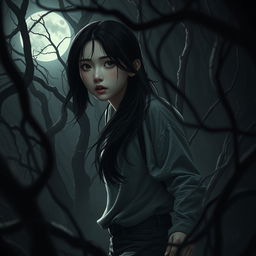 A hauntingly hyper-realistic image of a Korean girl lost in a dark, foreboding forest, pursued by unsettling shadows