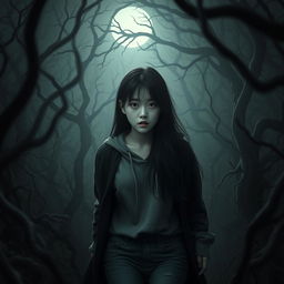 A hauntingly hyper-realistic image of a Korean girl lost in a dark, foreboding forest, pursued by unsettling shadows