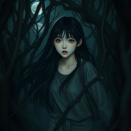 A hauntingly hyper-realistic image of a Korean girl lost in a dark, foreboding forest, pursued by unsettling shadows