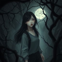 A hauntingly hyper-realistic image of a Korean girl lost in a dark, foreboding forest, pursued by unsettling shadows