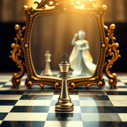 A captivating image of a single pawn positioned in front of a grand, ornate mirror, gazing at its reflection