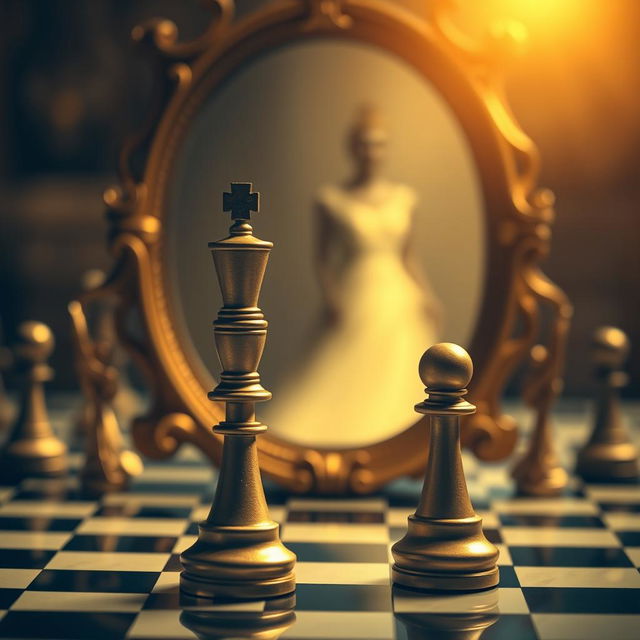 A captivating image of a single pawn positioned in front of a grand, ornate mirror, gazing at its reflection