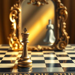 A captivating image of a single pawn positioned in front of a grand, ornate mirror, gazing at its reflection