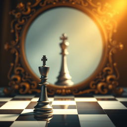 A captivating image of a single pawn positioned in front of a grand, ornate mirror, gazing at its reflection