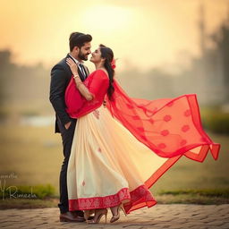 A romantic scene featuring Sruti Hassan with her boyfriend, dressed in an elegant cream and red mekhela chadar that flows gracefully around her