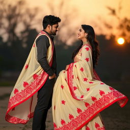 A romantic scene featuring Sruti Hassan with her boyfriend, dressed in an elegant cream and red mekhela chadar that flows gracefully around her