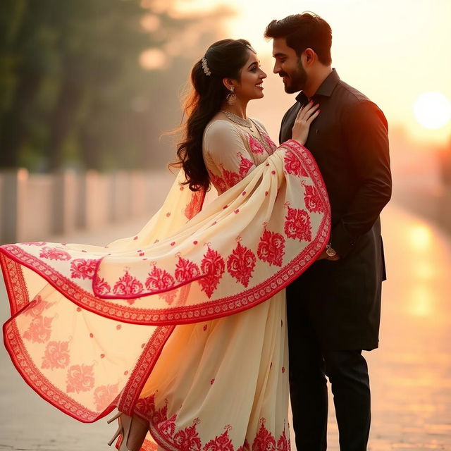 A romantic scene featuring Sruti Hassan with her boyfriend, dressed in an elegant cream and red mekhela chadar that flows gracefully around her