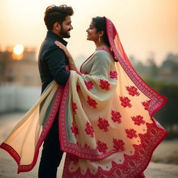 A romantic scene featuring Sruti Hassan with her boyfriend, dressed in an elegant cream and red mekhela chadar that flows gracefully around her