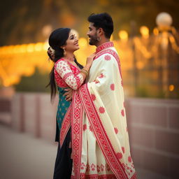 A romantic scene featuring Sruti Hassan with her boyfriend, elegantly dressed in a cream and red mekhela chadar that beautifully showcases intricate patterns and cultural details