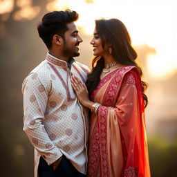 A romantic scene featuring Sruti Hassan with her boyfriend, elegantly dressed in a cream and red mekhela chadar that beautifully showcases intricate patterns and cultural details