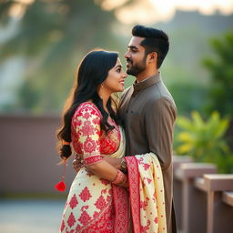 A romantic scene featuring Sruti Hassan with her boyfriend, elegantly dressed in a cream and red mekhela chadar that beautifully showcases intricate patterns and cultural details