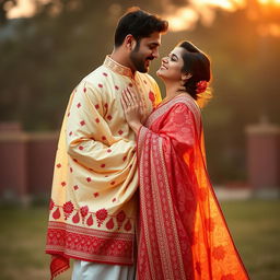 A romantic scene featuring Sruti Hassan with her boyfriend, elegantly dressed in a cream and red mekhela chadar that beautifully showcases intricate patterns and cultural details