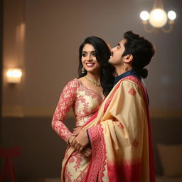 A romantic scene featuring Sruti Hassan and her boyfriend, focusing on her wearing an elegant cream and red mekhela chadar that accentuates her figure beautifully