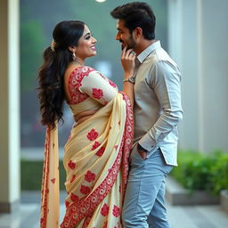 A romantic scene featuring Sruti Hassan and her boyfriend, focusing on her wearing an elegant cream and red mekhela chadar that accentuates her figure beautifully