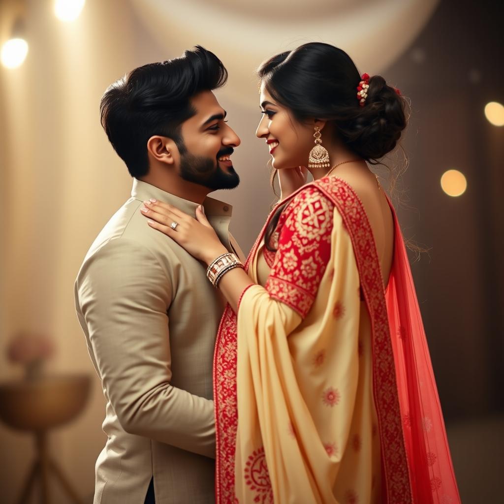 A romantic scene featuring Sruti Hassan and her boyfriend, focusing on her wearing an elegant cream and red mekhela chadar that accentuates her figure beautifully