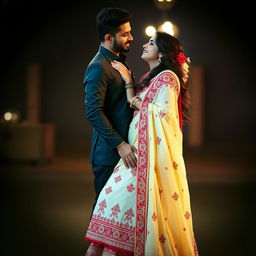 A romantic scene featuring Sruti Hassan and her boyfriend, focusing on her wearing an elegant cream and red mekhela chadar that accentuates her figure beautifully