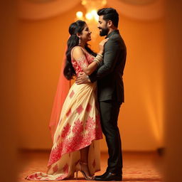 A romantic scene featuring Sruti Hassan with her boyfriend, emphasizing her elegant figure in a cream and red mekhela chadar that highlights her curves