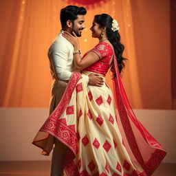 A romantic scene featuring Sruti Hassan with her boyfriend, emphasizing her elegant figure in a cream and red mekhela chadar that highlights her curves