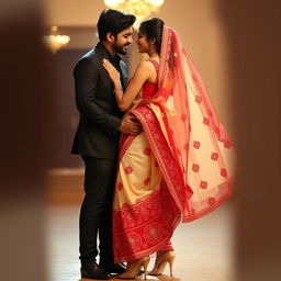 A romantic scene featuring Sruti Hassan with her boyfriend, emphasizing her elegant figure in a cream and red mekhela chadar that highlights her curves