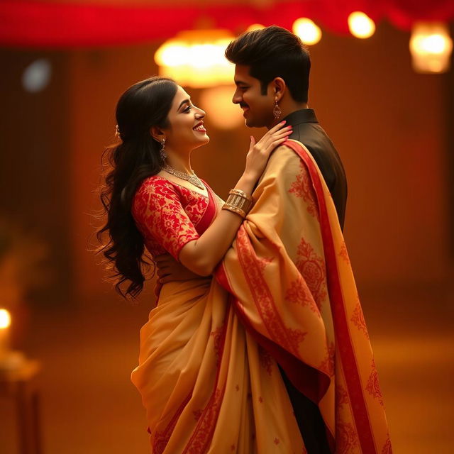 A romantic scene depicting Sruti Hassan with her boyfriend, showcasing her stylish figure in a cream and red mekhela chadar that elegantly highlights her curves